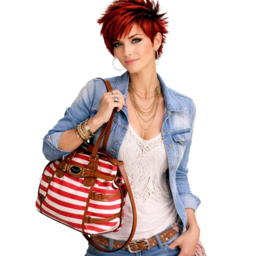 Michael Kors Gansevort Red White Boho Vibe Canvas Leather Unstructured Satchel